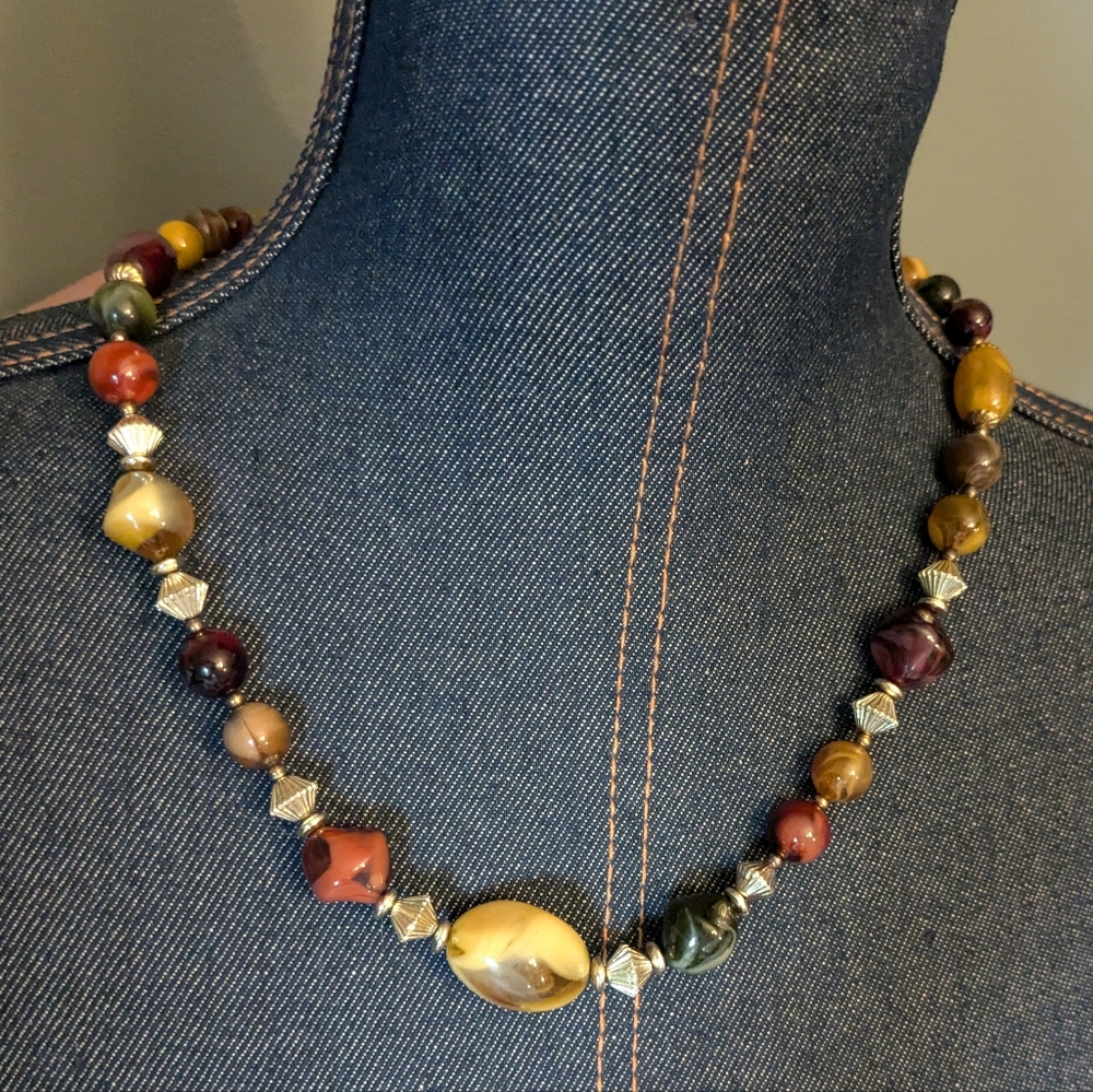 Necklace Multi Color Cat Eye Gemstone Glass Bead Statement Vintage EUC Gold Tone